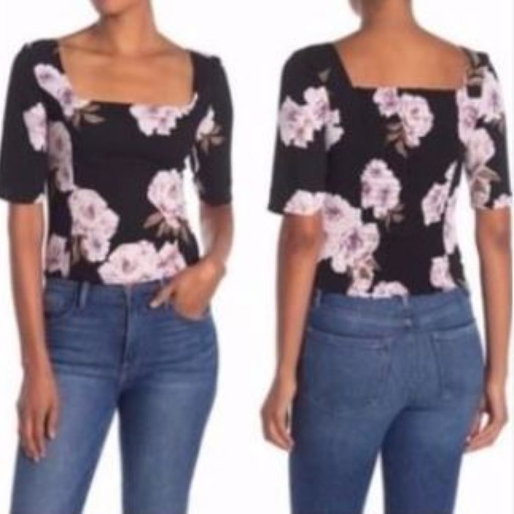 Free Press Crop Top Floral Smocked Blouse Black Pink Purple Off Shoulder M